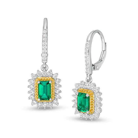 Emerald-Cut Lab-Created Emerald and White Sapphire Sunburst Frame Drop