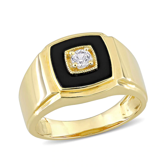 Men's 10.0mm Cushion-Cut Onyx and Lab-Created White Sapphire Stepped