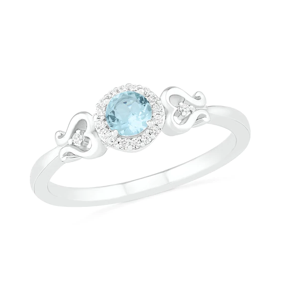 4.0mm Aquamarine and 0.04 CT. T.w. Diamond Frame Filigree Heart-Sides