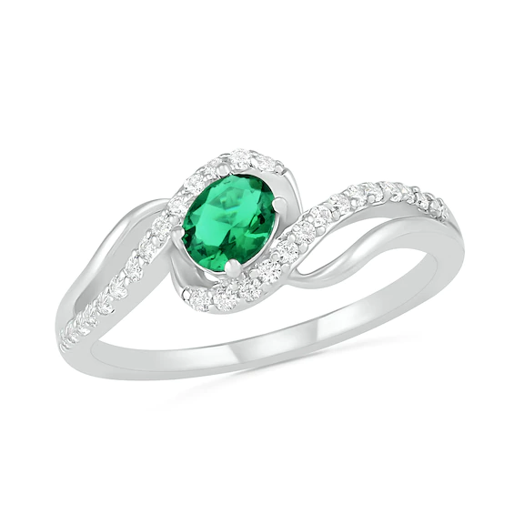 Oval Lab-Created Emerald and White Sapphire Bypass Frame Rolling Wave