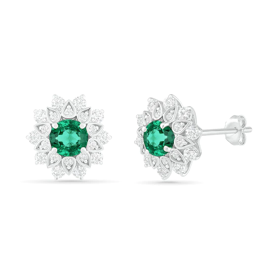 5.0mm Lab-Created Emerald and White Sapphire Frame Flower Stud