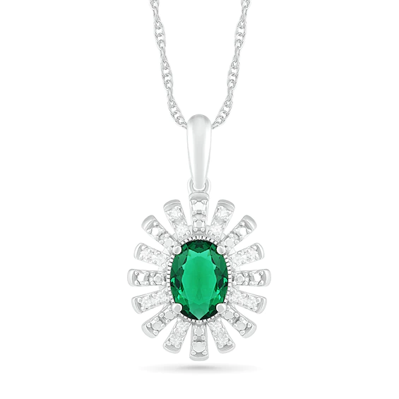 Oval Lab-Created Emerald and 0.066 CT. T.w. Diamond Starburst Frame