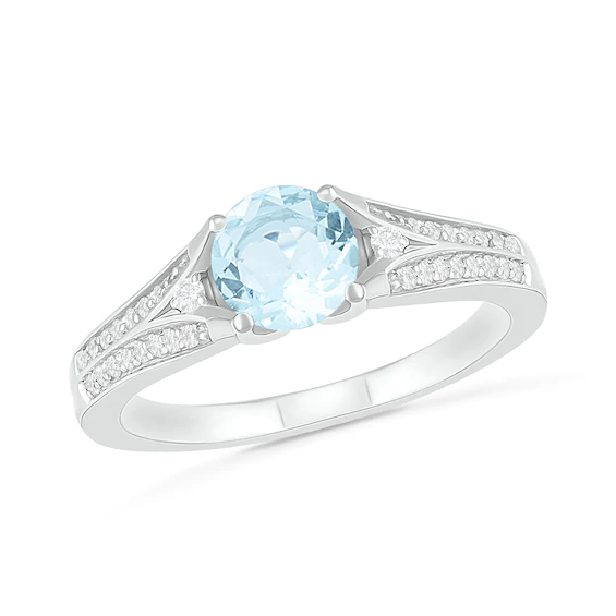 6.0mm Aquamarine and Lab-Created White Sapphire Split Shank Ring in