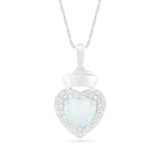 7.0mm Lab-Created Opal and White Sapphire Frame Heart with Nurse Cap