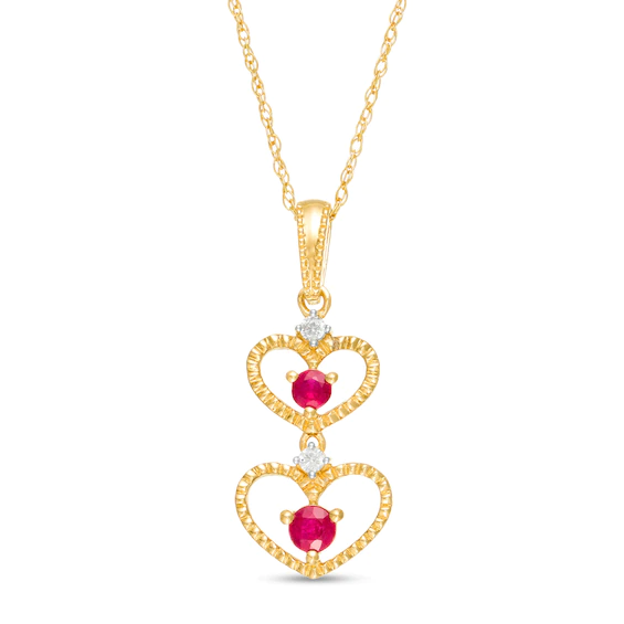 Ruby and Diamond Accent Beaded Double Heart Outline Drop Pendant in