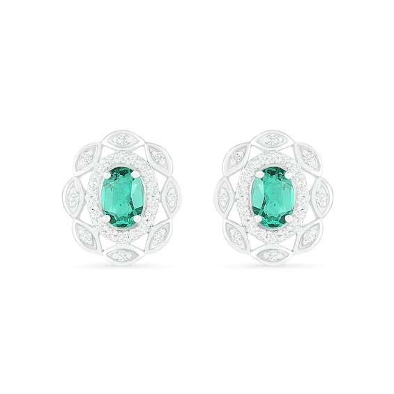Oval Lab-Created Emerald and White Sapphire Open Double Frame Art Deco