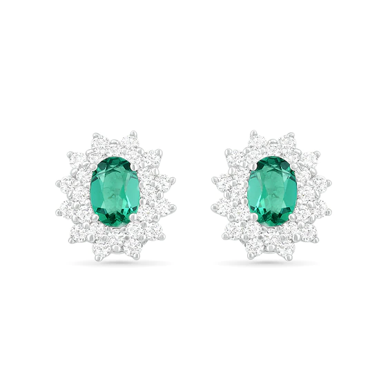 Oval Lab-Created Emerald and White Sapphire Sunburst Double Frame Stud