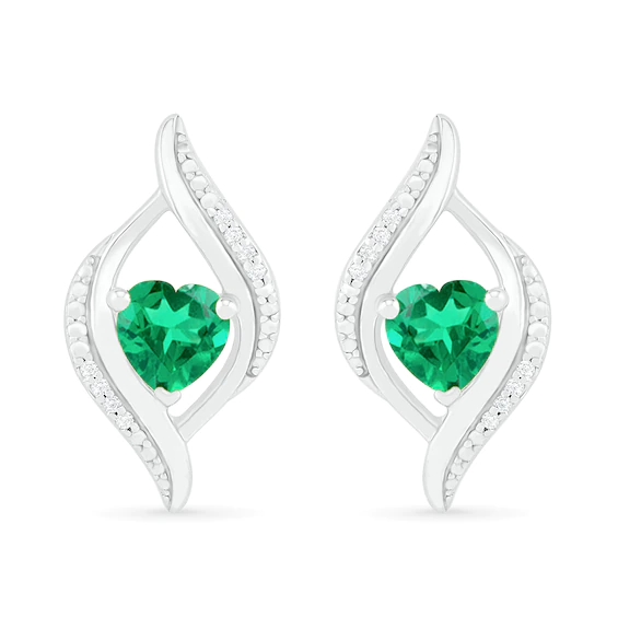 Heart-Shaped Lab-Created Emerald and 0.04 CT. T.w. Diamond Open Flame