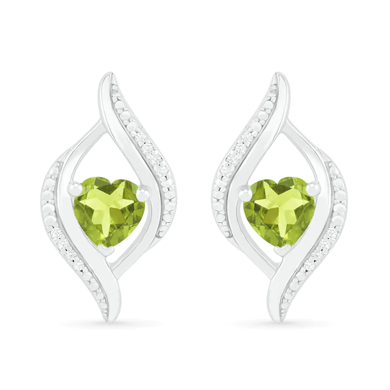 Heart-Shaped Peridot and 0.04 CT. T.w. Diamond Open Flame Stud