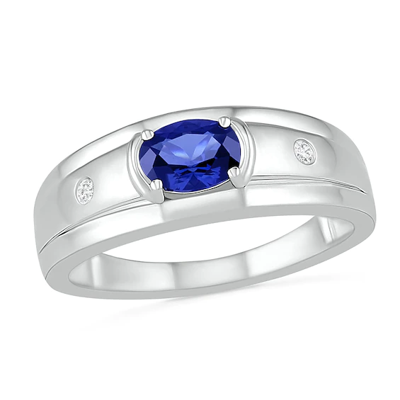 Men's Oval Lab-Created Blue Sapphire and 0.04 CT. T.w. Diamond Duo