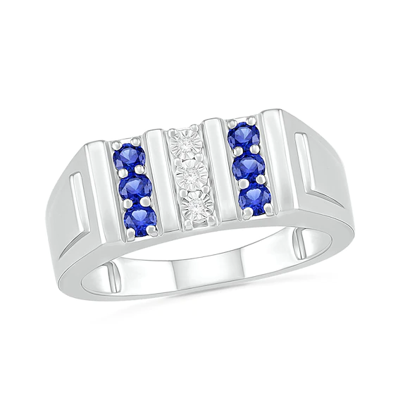 Men's Lab-Created Blue Sapphire and Diamond Accent Vertical Triple Row