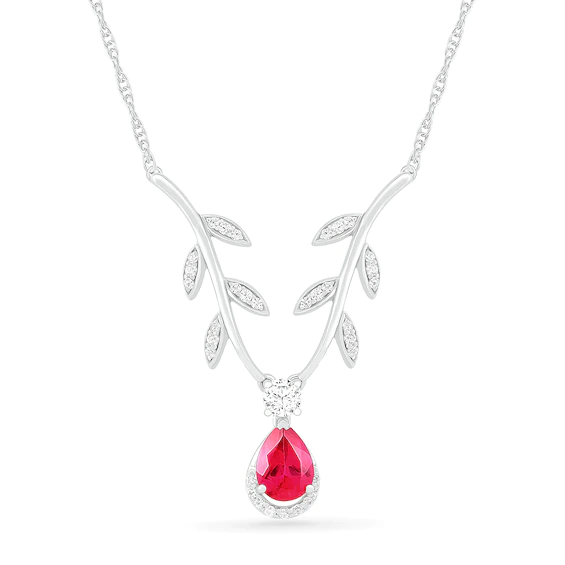 Pear-Shaped Lab-Created Ruby and White Sapphire Border Leafy Branch