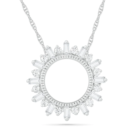 0.23 CT. T.w. Baguette and Round Diamond Circle Sunburst Pendant in