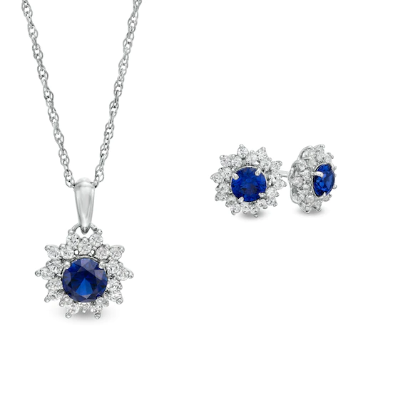 Blue and White Lab-Created Sapphire Sunburst Frame Pendant and Stud