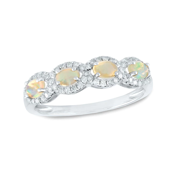 Sideways Oval Opal and 0.22 CT. T.w. Diamond Frame Four Stone Ring in
