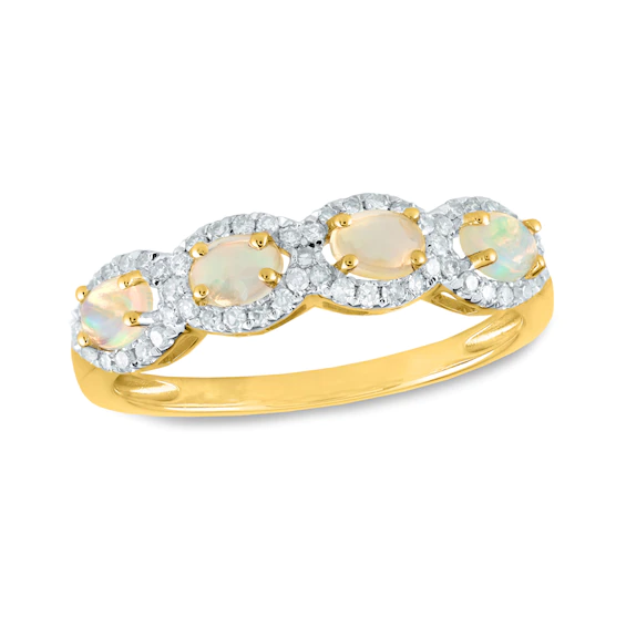 Sideways Oval Opal and 0.22 CT. T.w. Diamond Frame Four Stone Ring in