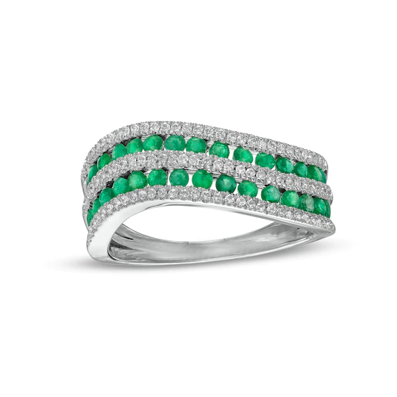 Emerald and 0.25 CT. T.w. Diamond Alternating Multi-Row Wave Ring in